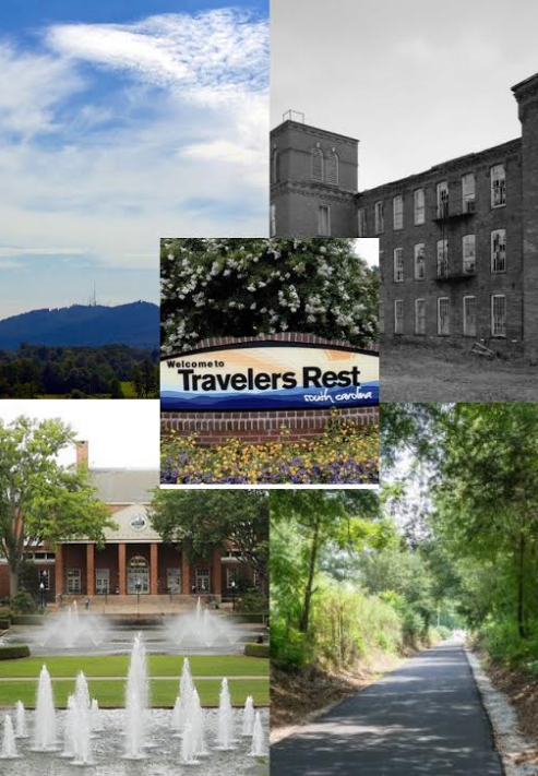  (Top left) Paris Mountain, travelersrestthere.com; (Bottom left) Furman Library, Wikipedia; (Middle) Downtown Travelers Rest, WSPA.com; (Top right) Old Renfrew Mill, Wikipedia; (Bottom left) Furman Library, Wikipedia;