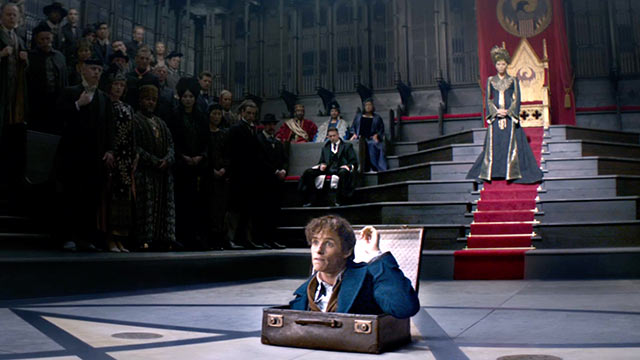 Newt steps out of his magical briefcase into a meeting with the Magical Congress of USA.