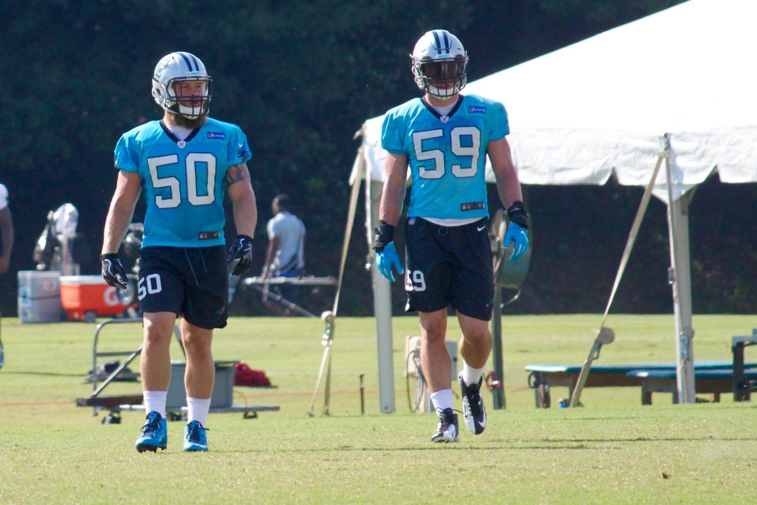 Ben Boulware, a former Clemson Tiger hoping to make the roster, seeks guidance from arguably the best middle linebacker in the league, Luke Kuechly.