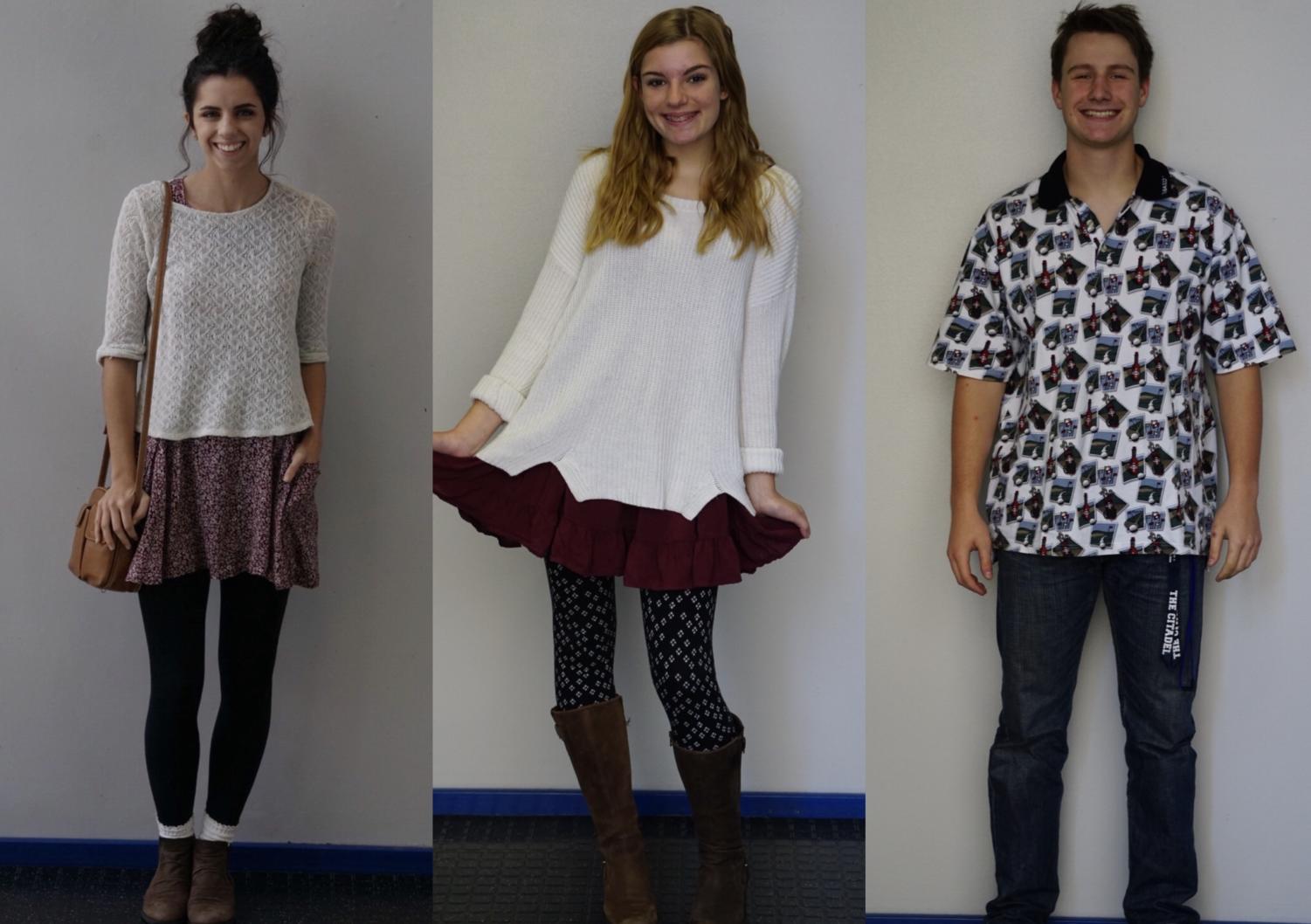 Students wearing their thrifty outfits, from left to right: Peyton Nease, Sophie Nauta, and Mac Reaney