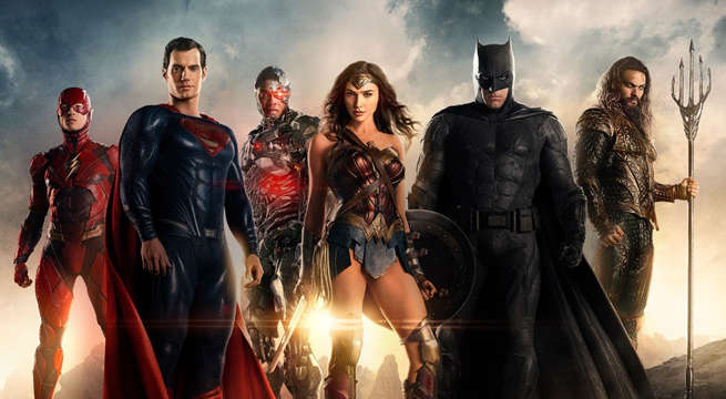 Henry Cavill as Superman, Ben Affleck as Batman, Gal Gadot as Wonder Woman, Ezra Miller as The Flash, Ray Fisher as Cyborg, and Jason Momoa as Aquaman