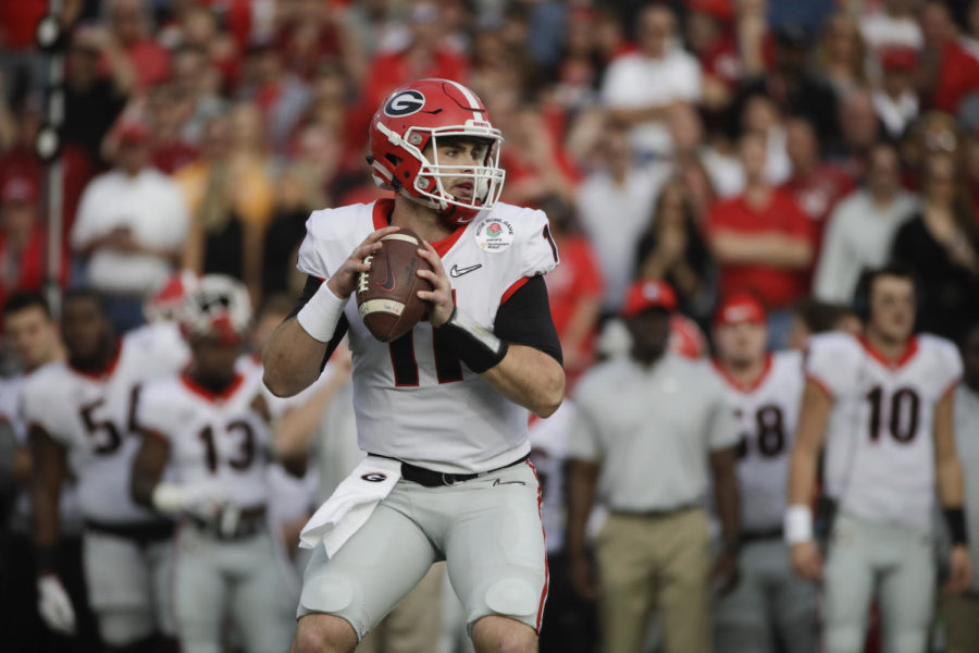 Jake Fromm stands in the pocket looking for an open receiver during the Jan. 1st game against Oklahoma