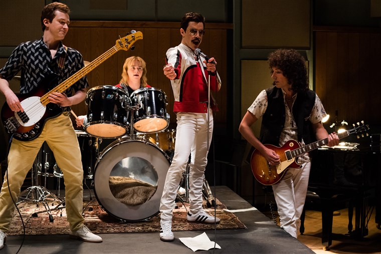 Actors (from left to right) Joseph Mazzello, Ben Hardy, Rami Malek, and Gwilym Lee in a scene in the movie.